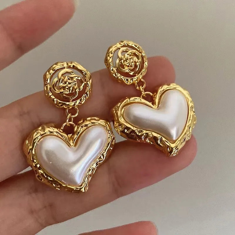 Vintage Style Heart Shape Plating Inlay Alloy Artificial Pearls Drop Earrings